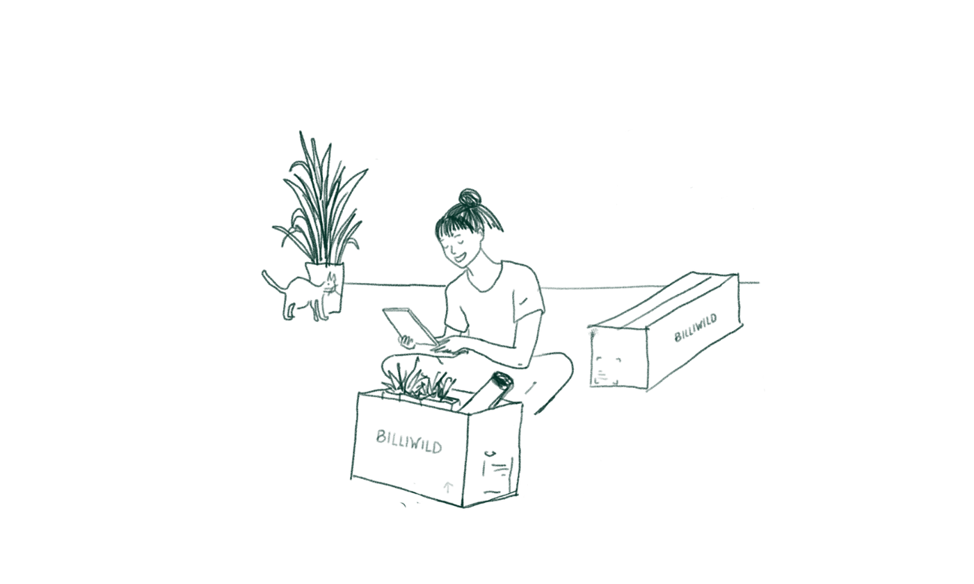 Illustratie van een vrouw die pakketten met planten uitpakt