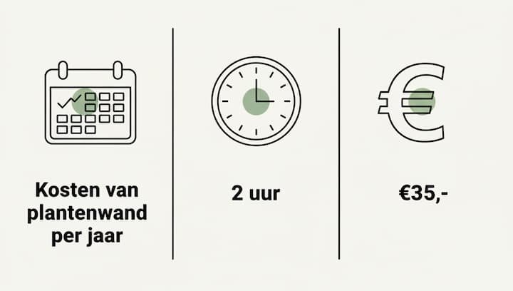 Kosten van een plantenwand per jaar: 2 uur onderhoud en 35 euro