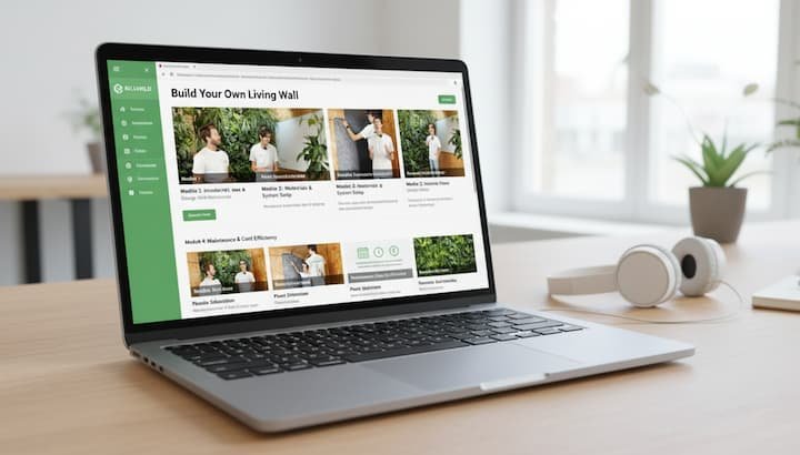 Laptop met de online cursus om een eigen plantenwand te bouwen